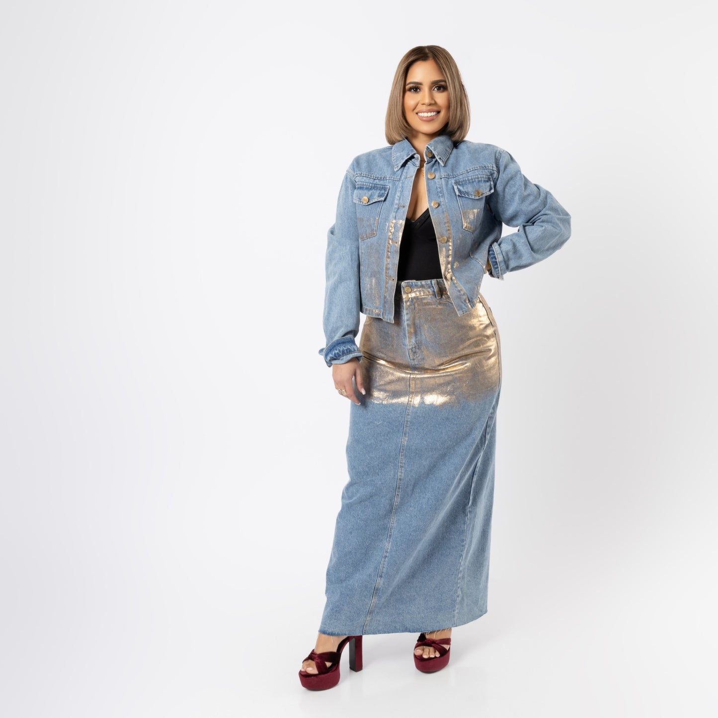 K Golden Plated Denim Skirt